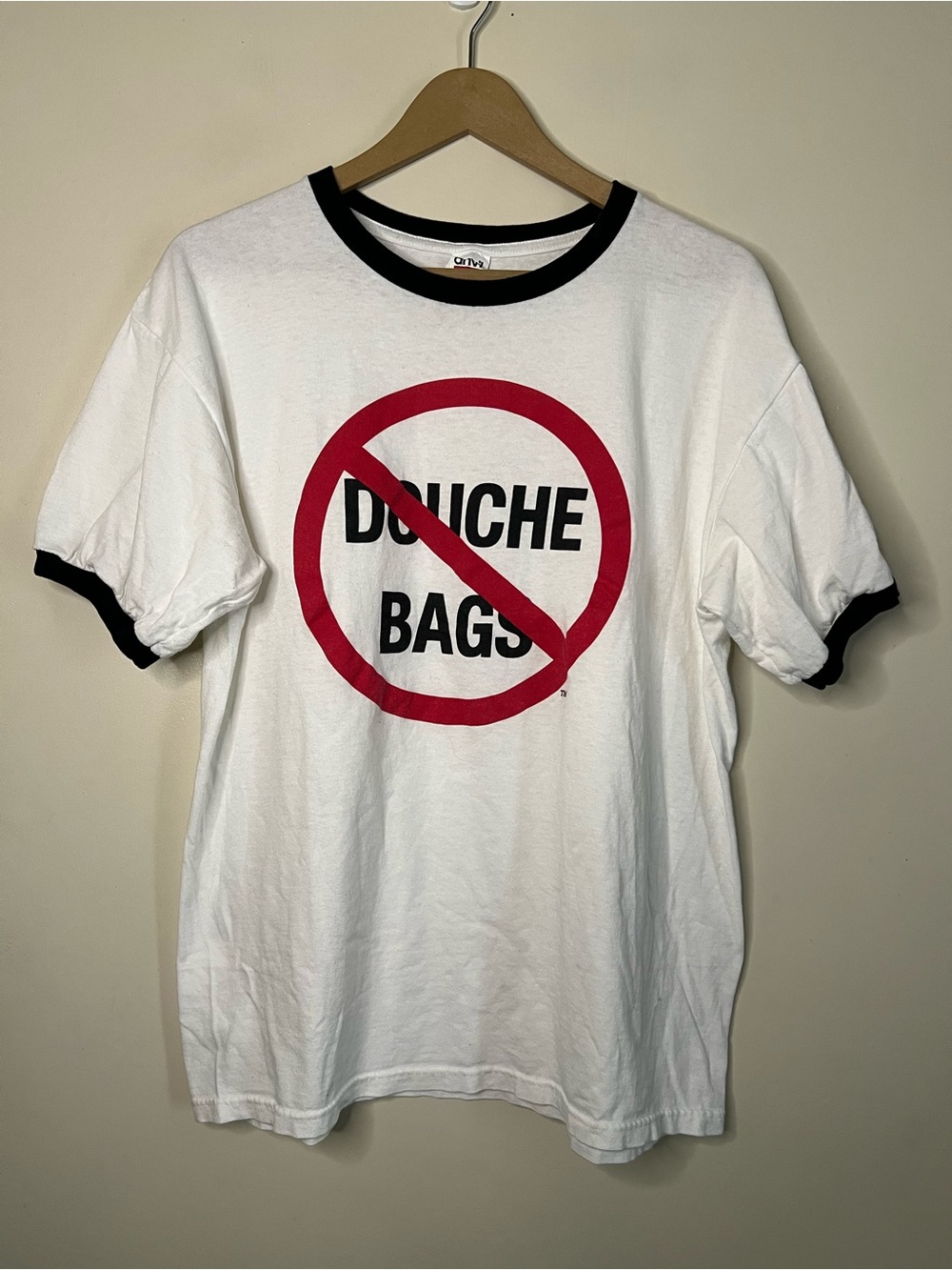 Vintage Y2K Anvil No Douche Bags Prohibited Funny Humor Ringer T Shirt Size L